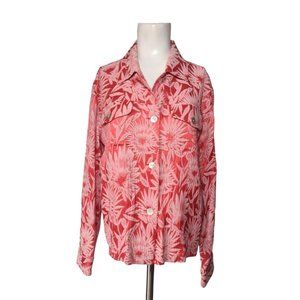 Chicos Silk Blend Textured Floral Shirt Size 1 Med Red Button Front Pockets Vtg